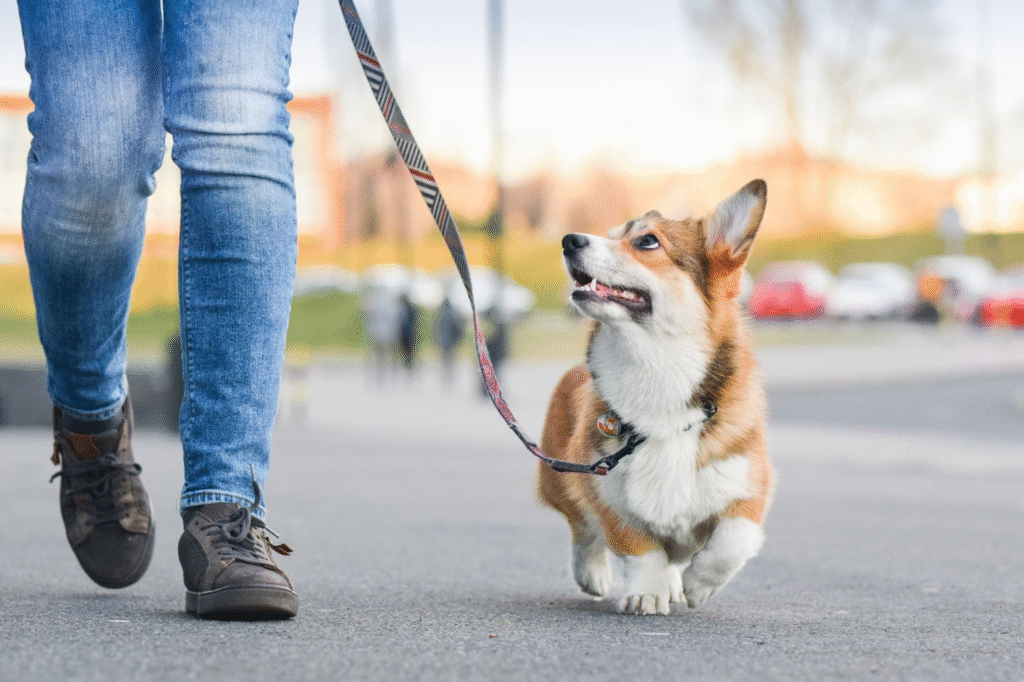 A corgi looking up at the dog trainer during a training session in Houston.
